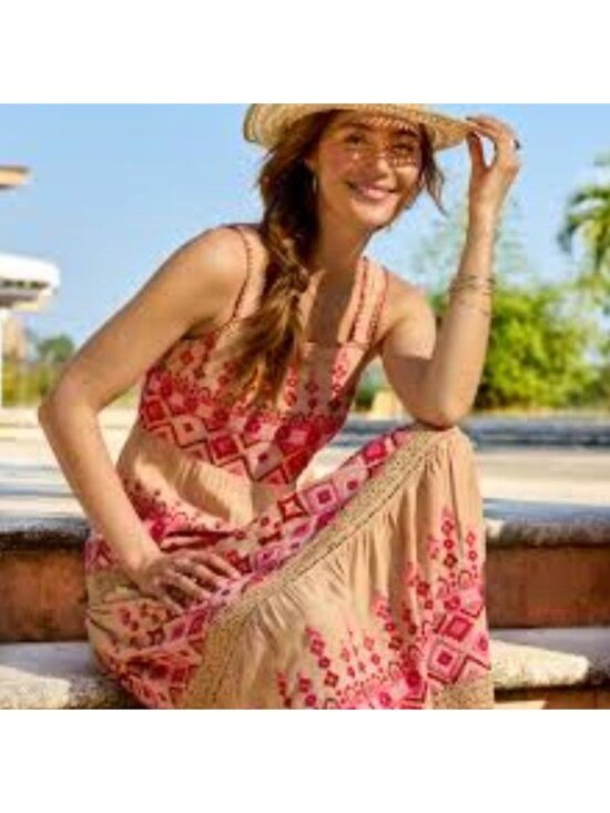 Sundance Dresses & Skirts - Sundance Embroidered Garden Sunset Maxi Dress Pink Tan Petite 12 12P NWT